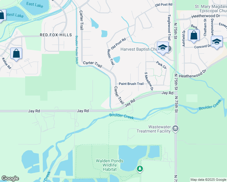 map of restaurants, bars, coffee shops, grocery stores, and more near 4311 Carter Trail in Boulder