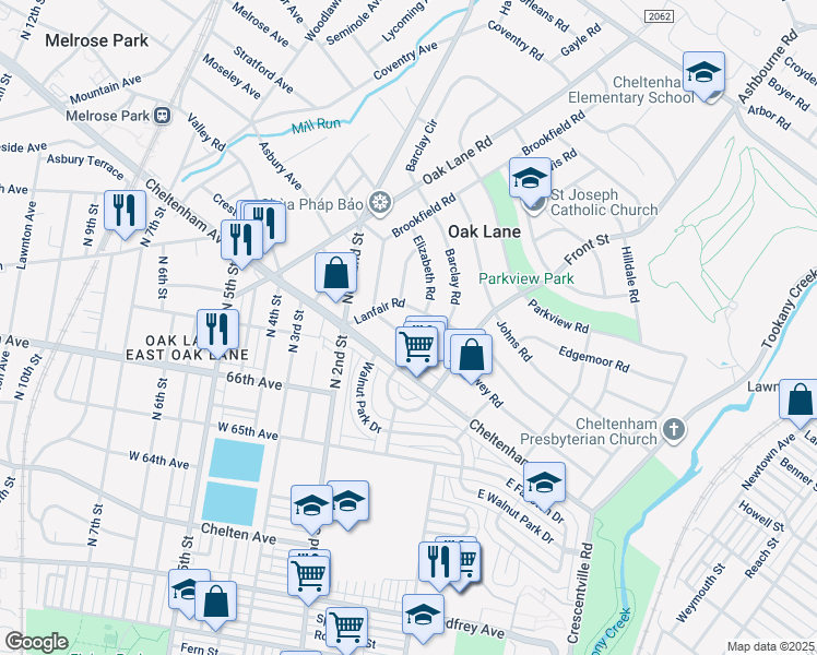 map of restaurants, bars, coffee shops, grocery stores, and more near 119 Dewey Road in Oak Lane