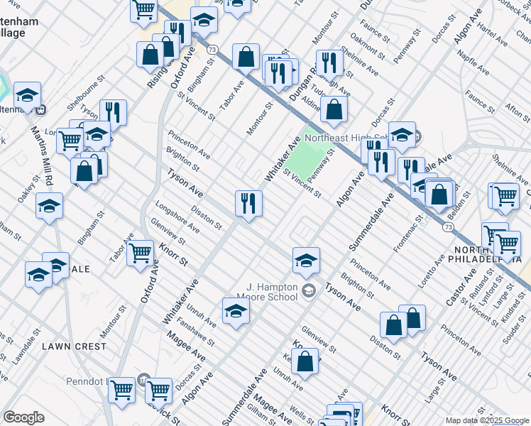 map of restaurants, bars, coffee shops, grocery stores, and more near 921 Brighton Street in Philadelphia