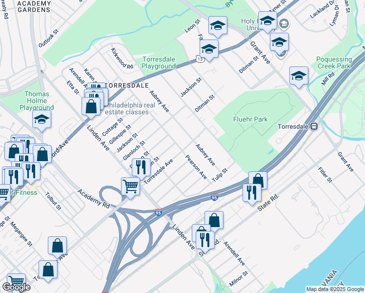 map of restaurants, bars, coffee shops, grocery stores, and more near 9404 Torresdale Avenue in Philadelphia