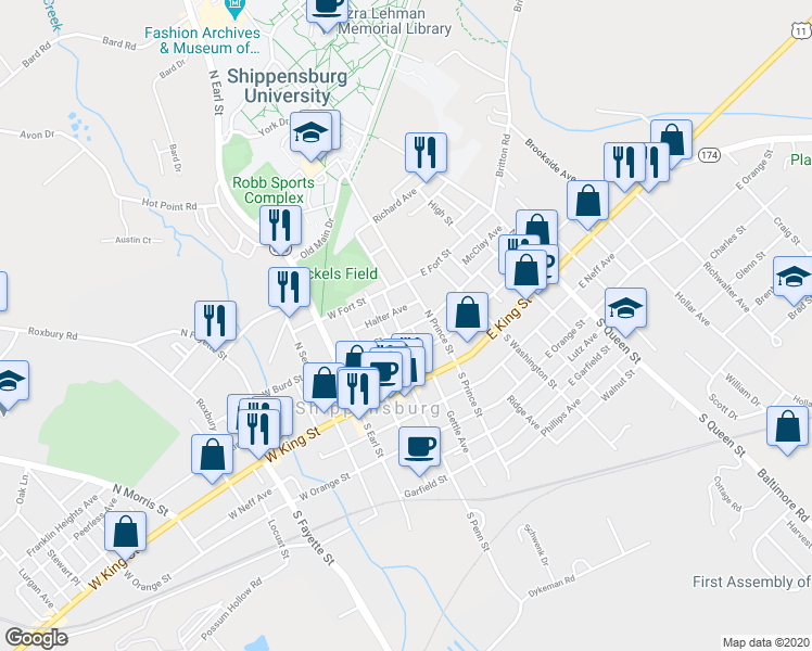 map of restaurants, bars, coffee shops, grocery stores, and more near 115 East Burd Street in Shippensburg