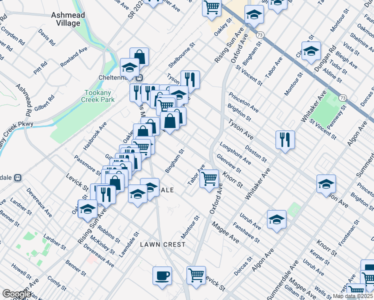 map of restaurants, bars, coffee shops, grocery stores, and more near 604 Knorr Street in Philadelphia