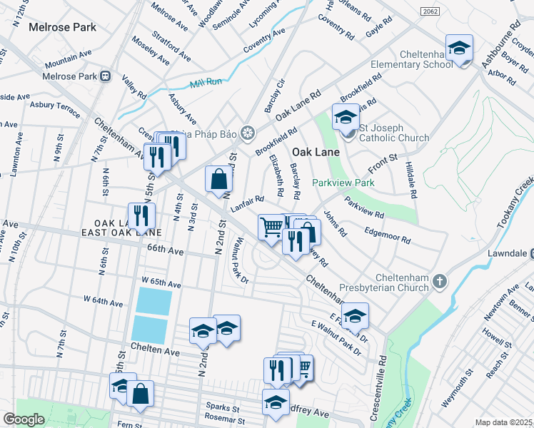 map of restaurants, bars, coffee shops, grocery stores, and more near 119 Dewey Road in Oak Lane