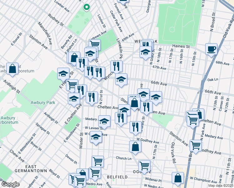 map of restaurants, bars, coffee shops, grocery stores, and more near 6500 Limekiln Pike in Philadelphia