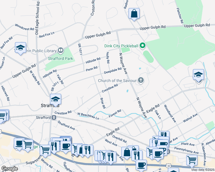 map of restaurants, bars, coffee shops, grocery stores, and more near 1 Princeton Road in Wayne