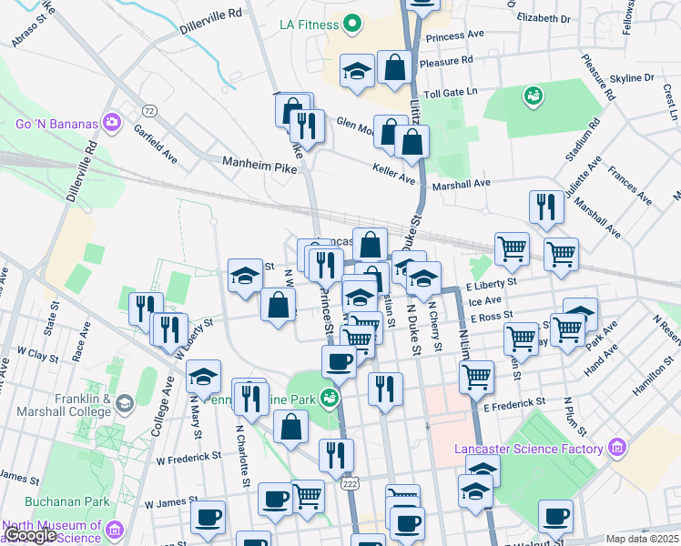 map of restaurants, bars, coffee shops, grocery stores, and more near 4 McGovern Avenue in Lancaster