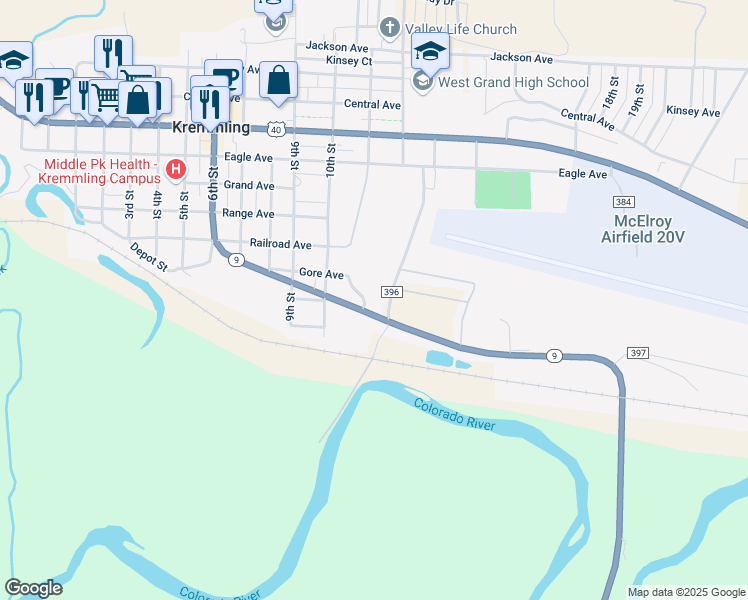 map of restaurants, bars, coffee shops, grocery stores, and more near 1019 Gore Avenue in Kremmling