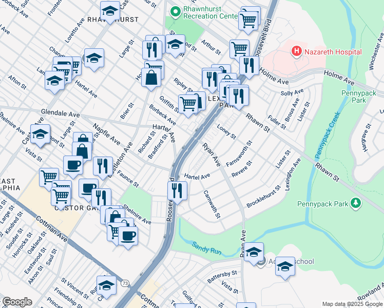 map of restaurants, bars, coffee shops, grocery stores, and more near 7753 E Roosevelt Blvd in Philadelphia