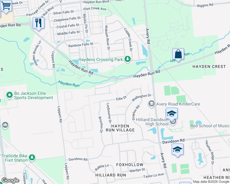 map of restaurants, bars, coffee shops, grocery stores, and more near 4983 Abberton Court in Hilliard
