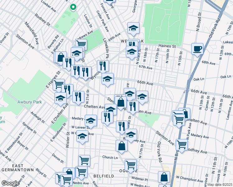 map of restaurants, bars, coffee shops, grocery stores, and more near 6501 North 20th Street in Philadelphia