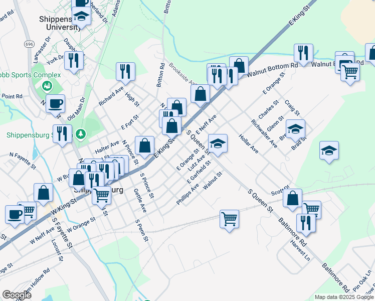 map of restaurants, bars, coffee shops, grocery stores, and more near 327 East Orange Street in Shippensburg