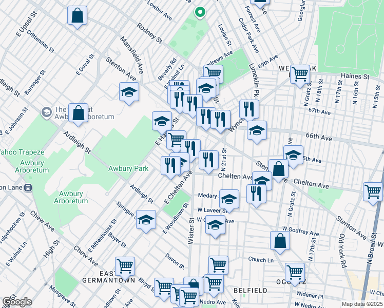 map of restaurants, bars, coffee shops, grocery stores, and more near 6468 Wister Street in Philadelphia