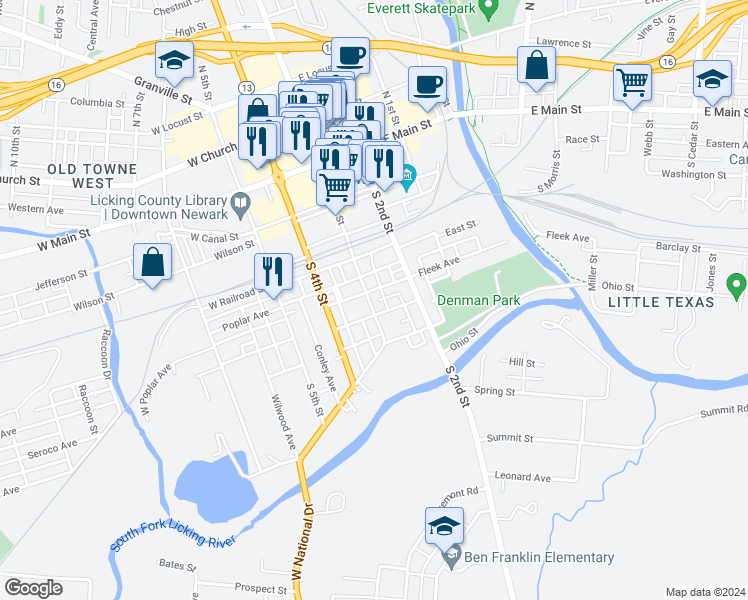 map of restaurants, bars, coffee shops, grocery stores, and more near 128 South 3rd Street in Newark