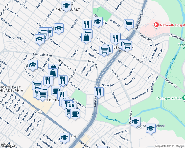 map of restaurants, bars, coffee shops, grocery stores, and more near 7711 Bradford Street in Philadelphia