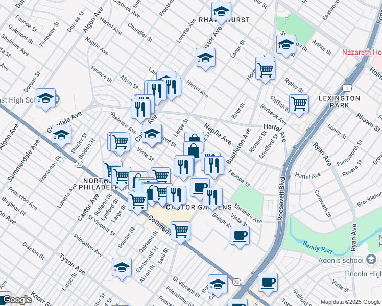 map of restaurants, bars, coffee shops, grocery stores, and more near 7527 Horrocks Street in Philadelphia