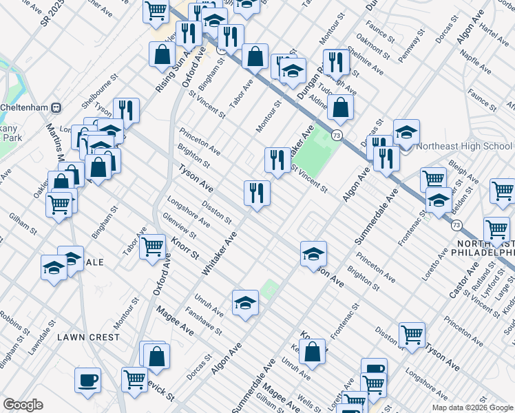 map of restaurants, bars, coffee shops, grocery stores, and more near 851 Tyson Avenue in Philadelphia