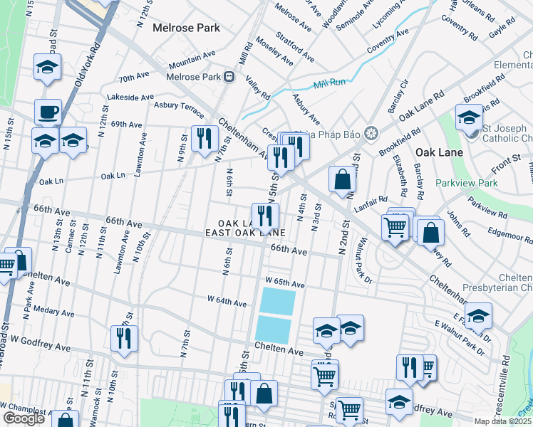 map of restaurants, bars, coffee shops, grocery stores, and more near 512 67th Avenue in Philadelphia