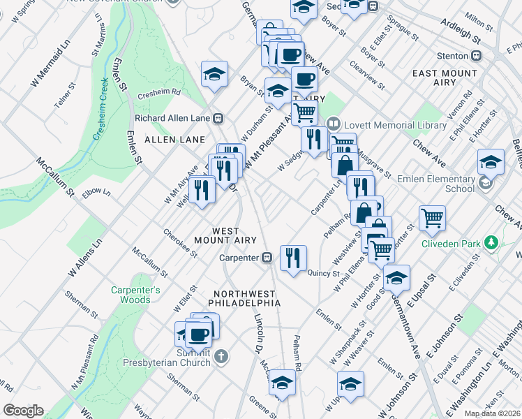 map of restaurants, bars, coffee shops, grocery stores, and more near 6954 Weatham Street in Philadelphia