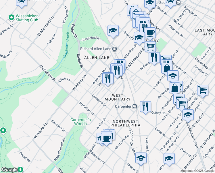 map of restaurants, bars, coffee shops, grocery stores, and more near 408 West Durham Street in Philadelphia