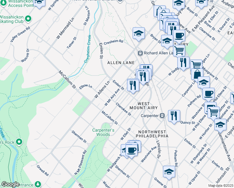 map of restaurants, bars, coffee shops, grocery stores, and more near 426 West Mount Airy Avenue in Philadelphia