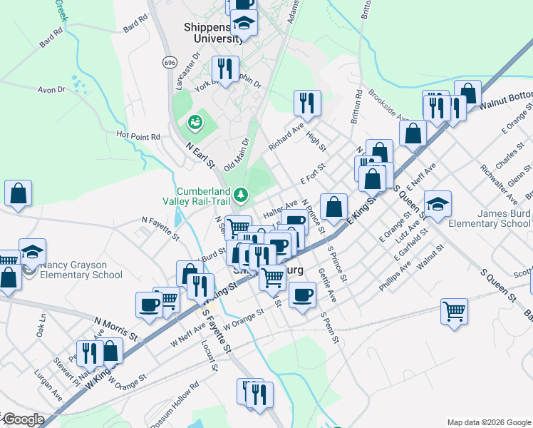 map of restaurants, bars, coffee shops, grocery stores, and more near 108 North Penn Street in Shippensburg