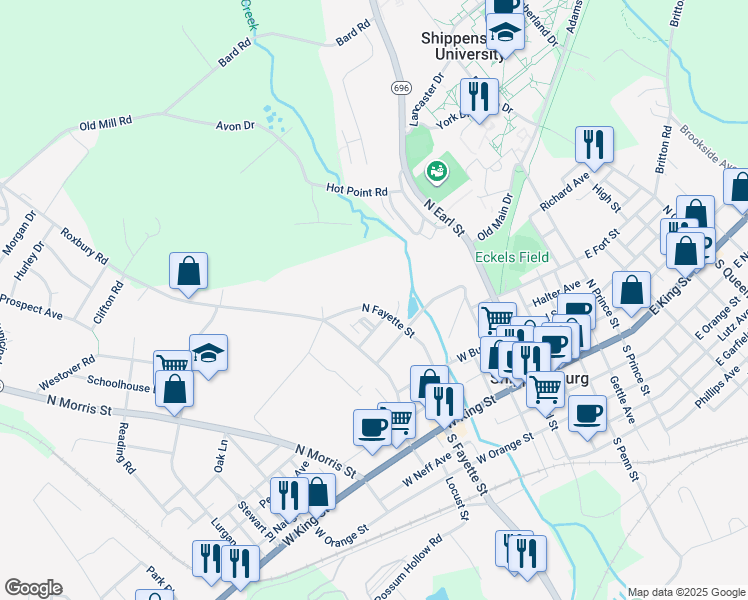 map of restaurants, bars, coffee shops, grocery stores, and more near 305 North Fayette Street in Shippensburg