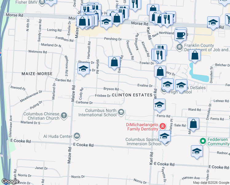 map of restaurants, bars, coffee shops, grocery stores, and more near 1345 Frisbee Drive in Columbus