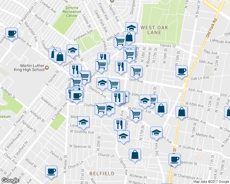 map of restaurants, bars, coffee shops, grocery stores, and more near 6501 North 20th Street in Philadelphia