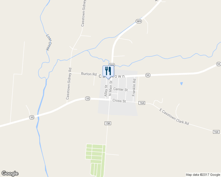 map of restaurants, bars, coffee shops, grocery stores, and more near 99 North Main Street in Casstown