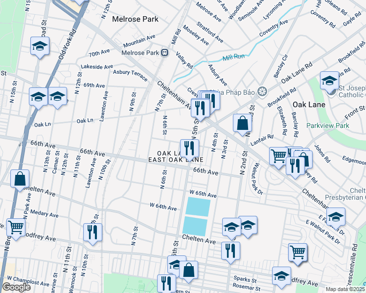 map of restaurants, bars, coffee shops, grocery stores, and more near 512 67th Avenue in Philadelphia