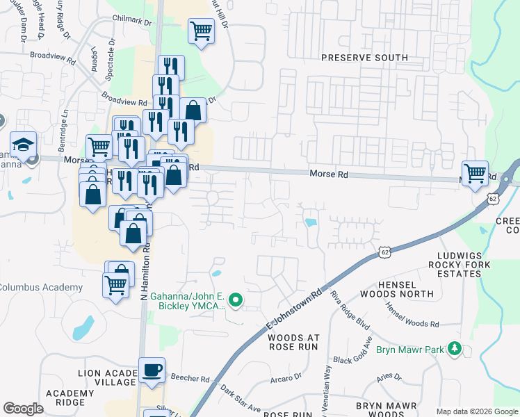 map of restaurants, bars, coffee shops, grocery stores, and more near 599 Buckthorn Way in Gahanna