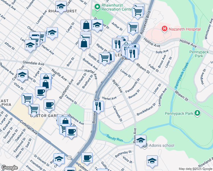map of restaurants, bars, coffee shops, grocery stores, and more near 7755 East Roosevelt Boulevard in Philadelphia
