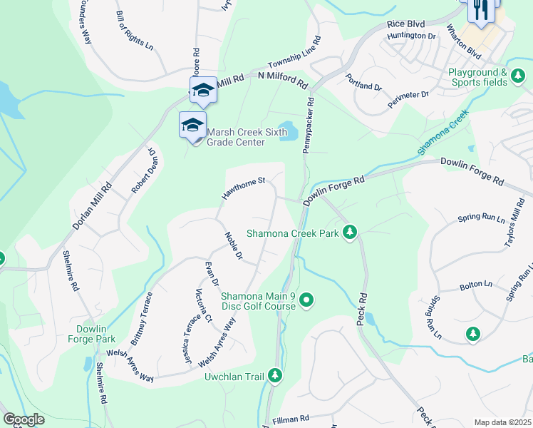 map of restaurants, bars, coffee shops, grocery stores, and more near 101 Stacey Court in Downingtown