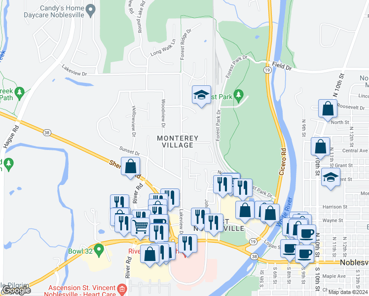 map of restaurants, bars, coffee shops, grocery stores, and more near 370 Lakeview Drive in Noblesville