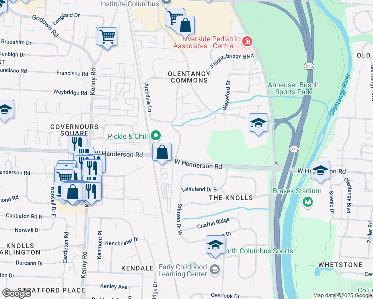 map of restaurants, bars, coffee shops, grocery stores, and more near 4590 Knightsbridge Boulevard in Columbus