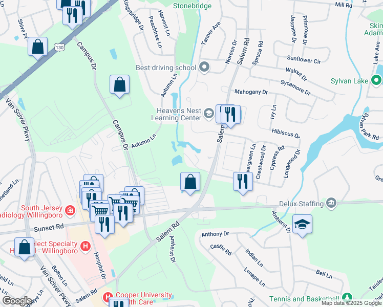 map of restaurants, bars, coffee shops, grocery stores, and more near 32 Theo Court in Burlington
