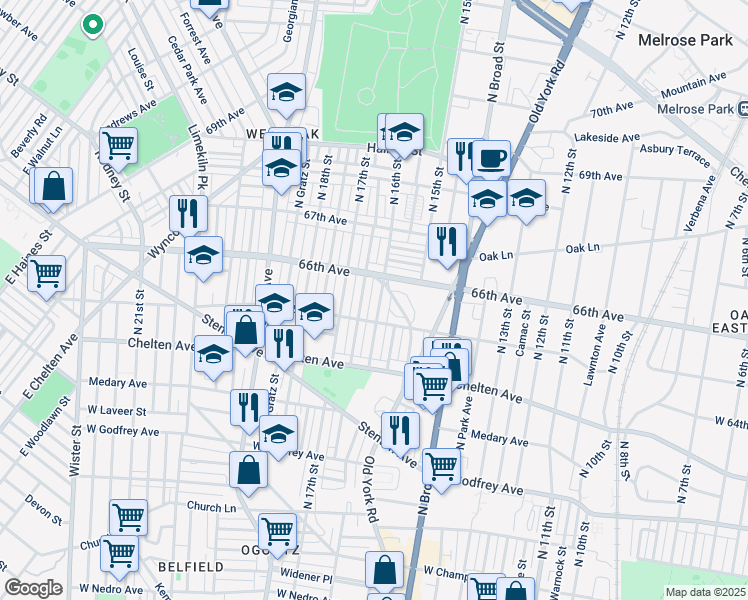 map of restaurants, bars, coffee shops, grocery stores, and more near 6528 North 16th Street in Philadelphia