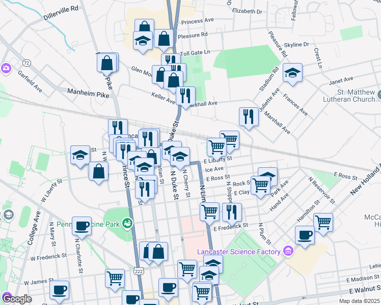 map of restaurants, bars, coffee shops, grocery stores, and more near 1027 Lititz Avenue in Lancaster