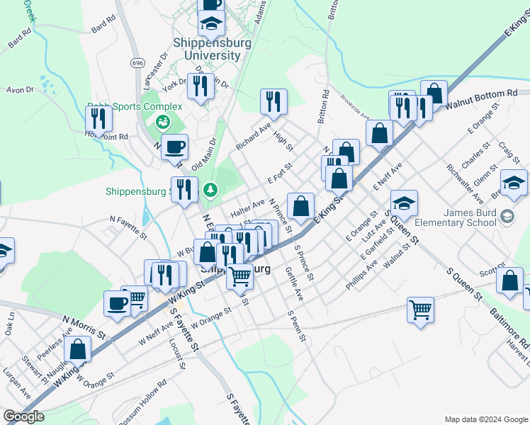 map of restaurants, bars, coffee shops, grocery stores, and more near 119 East Burd Street in Shippensburg