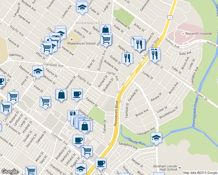 map of restaurants, bars, coffee shops, grocery stores, and more near 7719 Bradford St in Philadelphia