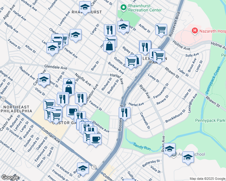 map of restaurants, bars, coffee shops, grocery stores, and more near 7719 Bradford St in Philadelphia