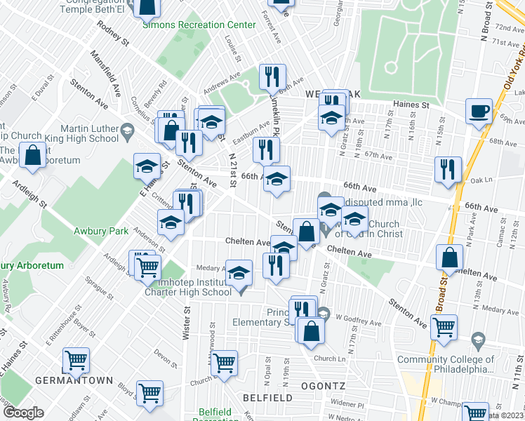 map of restaurants, bars, coffee shops, grocery stores, and more near 2025 Stenton Avenue in Philadelphia