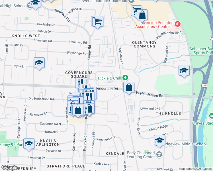 map of restaurants, bars, coffee shops, grocery stores, and more near 1100 Benchmark Park Drive in Columbus