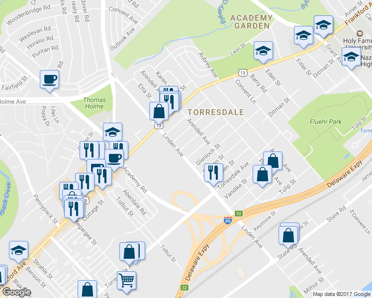 map of restaurants, bars, coffee shops, grocery stores, and more near 9209 Gillespie Street in Philadelphia