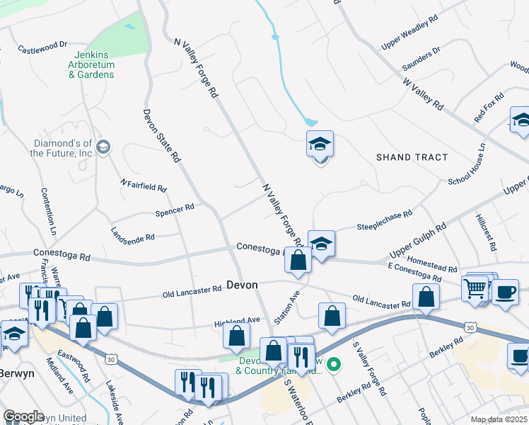 map of restaurants, bars, coffee shops, grocery stores, and more near 109 Gail Road in Devon