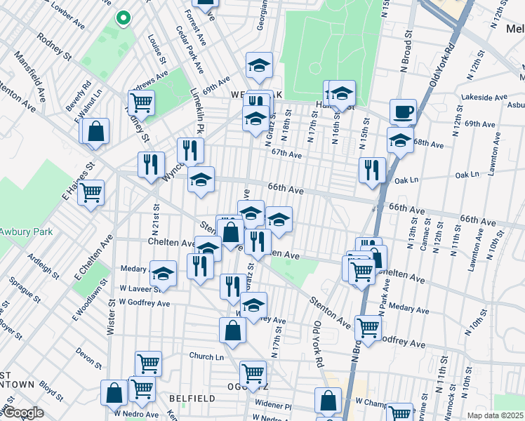 map of restaurants, bars, coffee shops, grocery stores, and more near 6507 North Gratz Street in Philadelphia