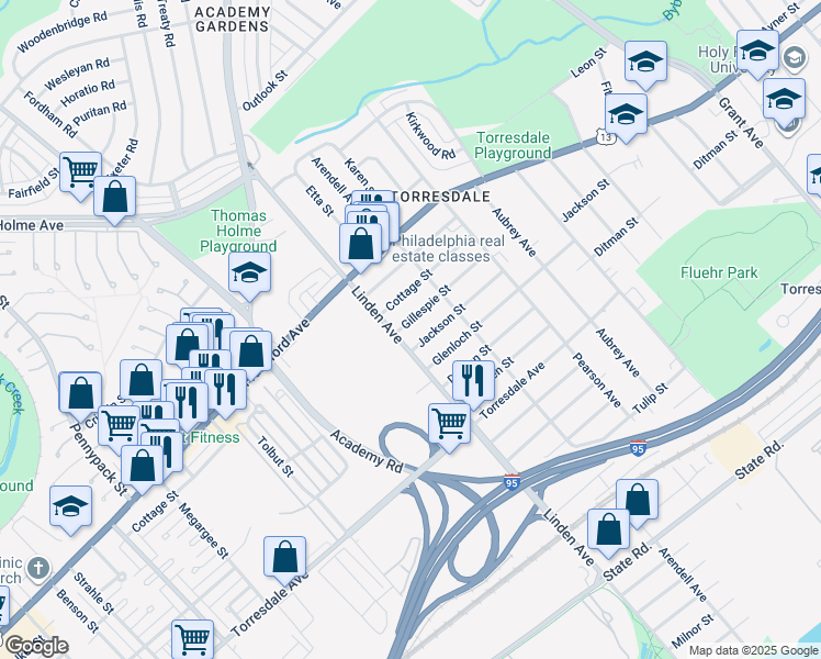 map of restaurants, bars, coffee shops, grocery stores, and more near 9209 Gillespie Street in Philadelphia