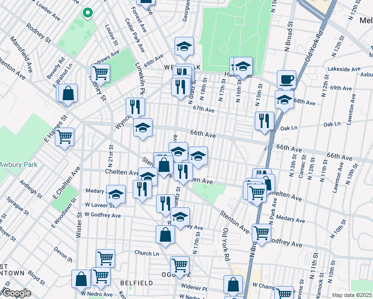 map of restaurants, bars, coffee shops, grocery stores, and more near 6507 North Gratz Street in Philadelphia