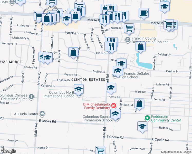 map of restaurants, bars, coffee shops, grocery stores, and more near 4133 Karl Road in Columbus