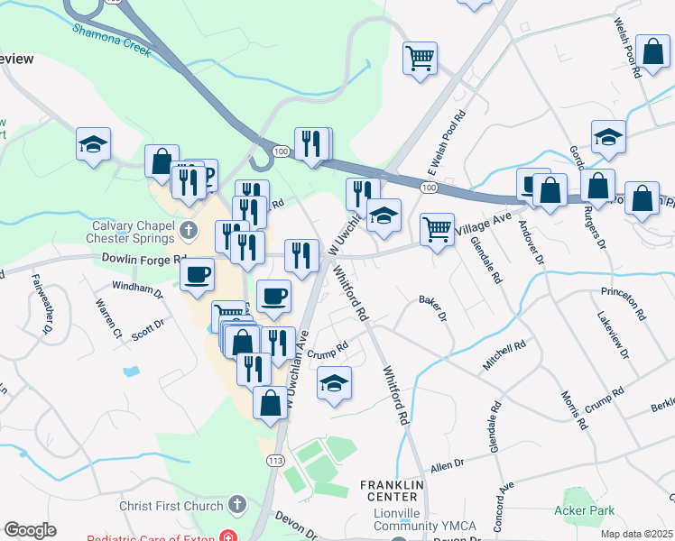 map of restaurants, bars, coffee shops, grocery stores, and more near 815 North Whitford Road in Exton